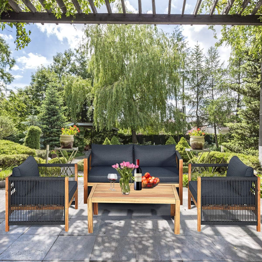 Tangkula Outdoor Wood Furniture Set, Acacia Frame Loveseat Sofa, 2 Single Chairs and Coffee Table, 4 Pieces Conversation Set with Cushions, Garden Balcony Poolside Living (1, Grey)