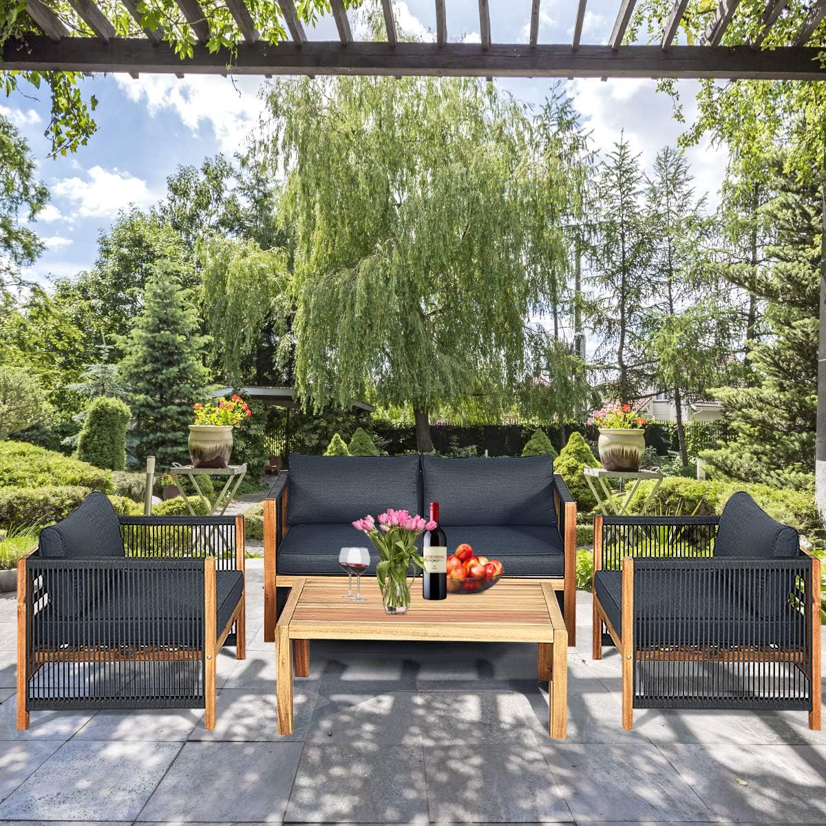 Tangkula Outdoor Wood Furniture Set, Acacia Frame Loveseat Sofa, 2 Single Chairs and Coffee Table, 4 Pieces Conversation Set with Cushions, Garden Balcony Poolside Living (1, Grey)