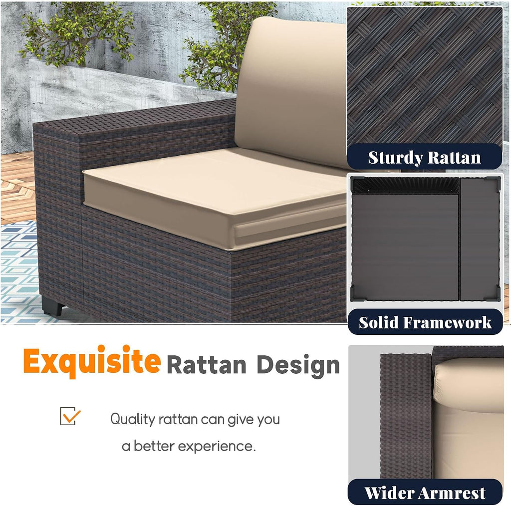 Patio Furniture Set 7 Pieces Outdoor Furniture Patio Conversation Set w/43in Gas Fire Pit,PE Rattan Wicker 7 Pcs Outdoor Sofa Set w/55000 BTU Propane Fire Pit Table,Sand
