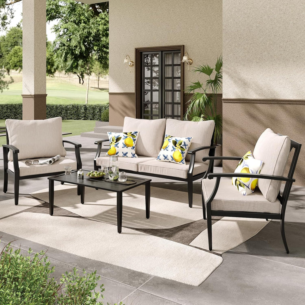 JOYURE 4 Pieces Patio Furniture Set w/loveseat,Coffe Table,Outdoor Conversation Metal Sofa with High Back and Thick Cushion,for Backyard,Garden,Beige