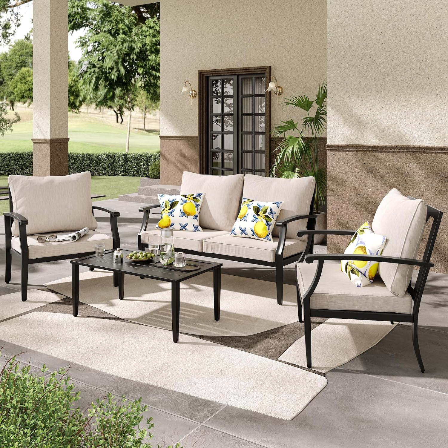 JOYURE 4 Pieces Patio Furniture Set w/loveseat,Coffe Table,Outdoor Conversation Metal Sofa with High Back and Thick Cushion,for Backyard,Garden,Beige