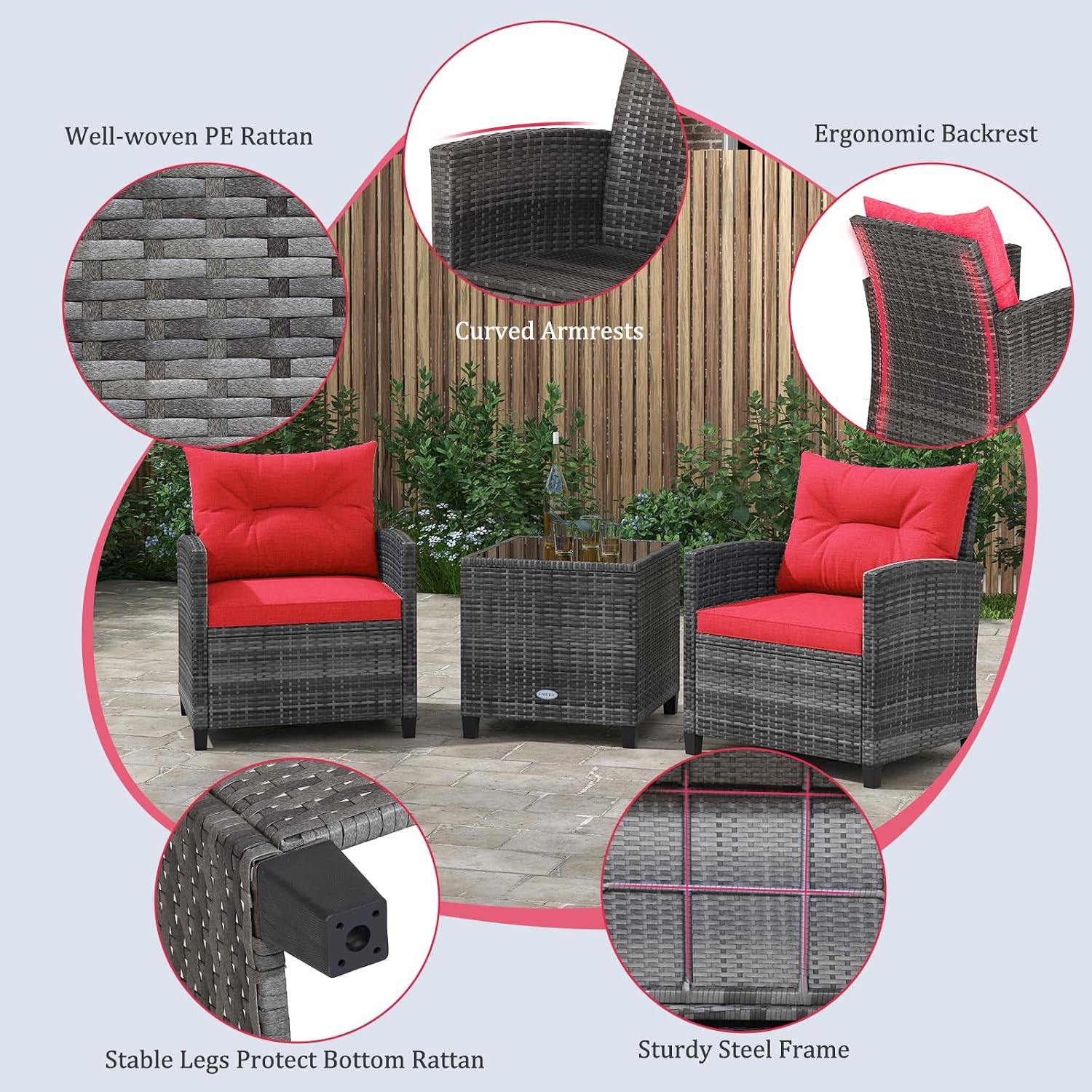 KOTEK 3 Piece Patio Furniture Set, Outdoor PE Rattan Conversation Set with Washable Cushions & Tempered Glass Tabletop, Wicker Chairs and Table Set for Porch, Garden, Balcony (Red)