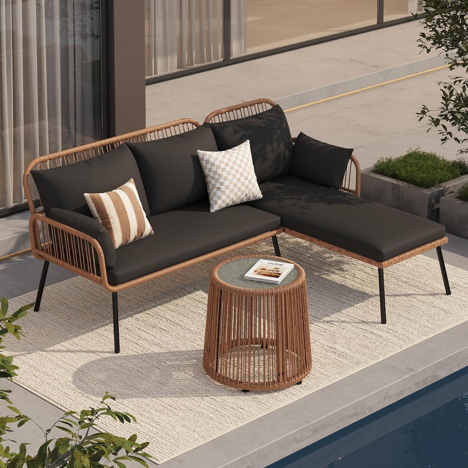 Verano Garden Outdoor Patio Furniture Set, 3 Piece Wicker Rattan Outdoor Balcony Furniture Set, L-Shaped Patio Conversation Sofa Set with Cushions and Round Glass Table (Black, 3PCS)