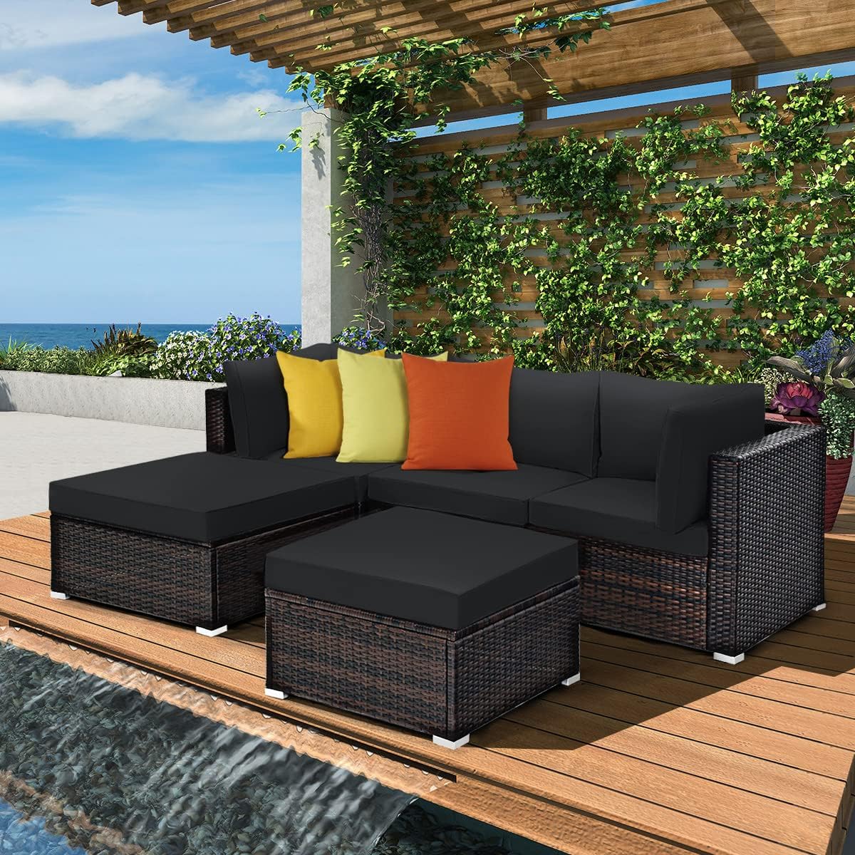 COSTWAY 5-Piece Outdoor Patio Furniture Set, Side Table, Ottoman and Lounge Sofa with Cushions, PE Rattan Conversation Set for Garden, Deck, Backyard (Black)