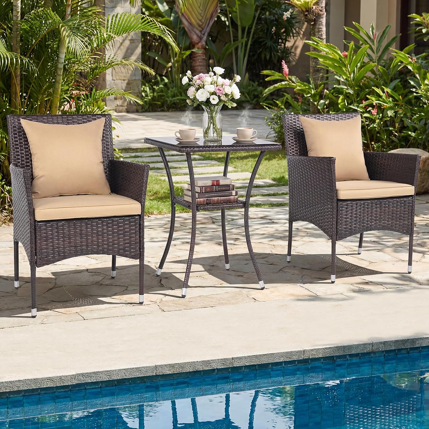 Tangkula 3 Pieces Patio Wicker Bistro Set, 2 Rattan Chairs w/ 2-Tier Tempered Glass Table, Outdoor Conversation Furniture Set with Cushions for Backyard, Porch, Poolside (Mix Brown+Beige)