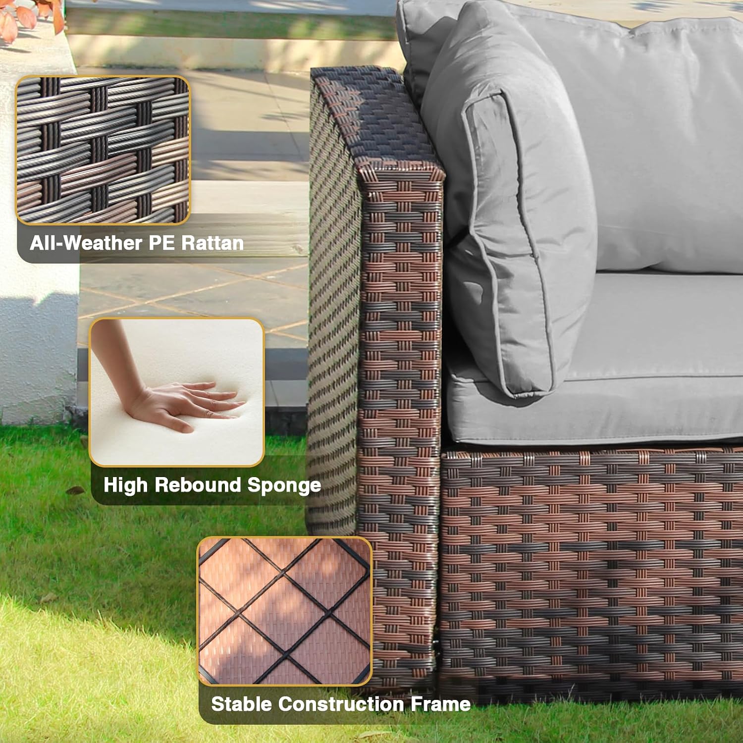 3 Piece Patio Furniture Set All Weather PE Rattan Outdoor Sectional Sofa Couch with No-Slip Cushions and Glass Top Table for Garden, Poolside, Backyard (Gray)