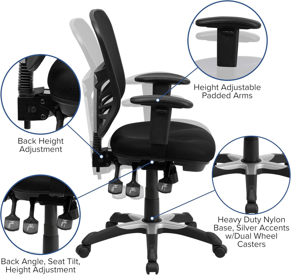 Flash Furniture Nicholas Mid-Back Swivel Desk Chair with Wheels, Mesh Back, Padded Seat, and Armrests, Adjustable Height Mesh Ergonomic Office Chair, Black