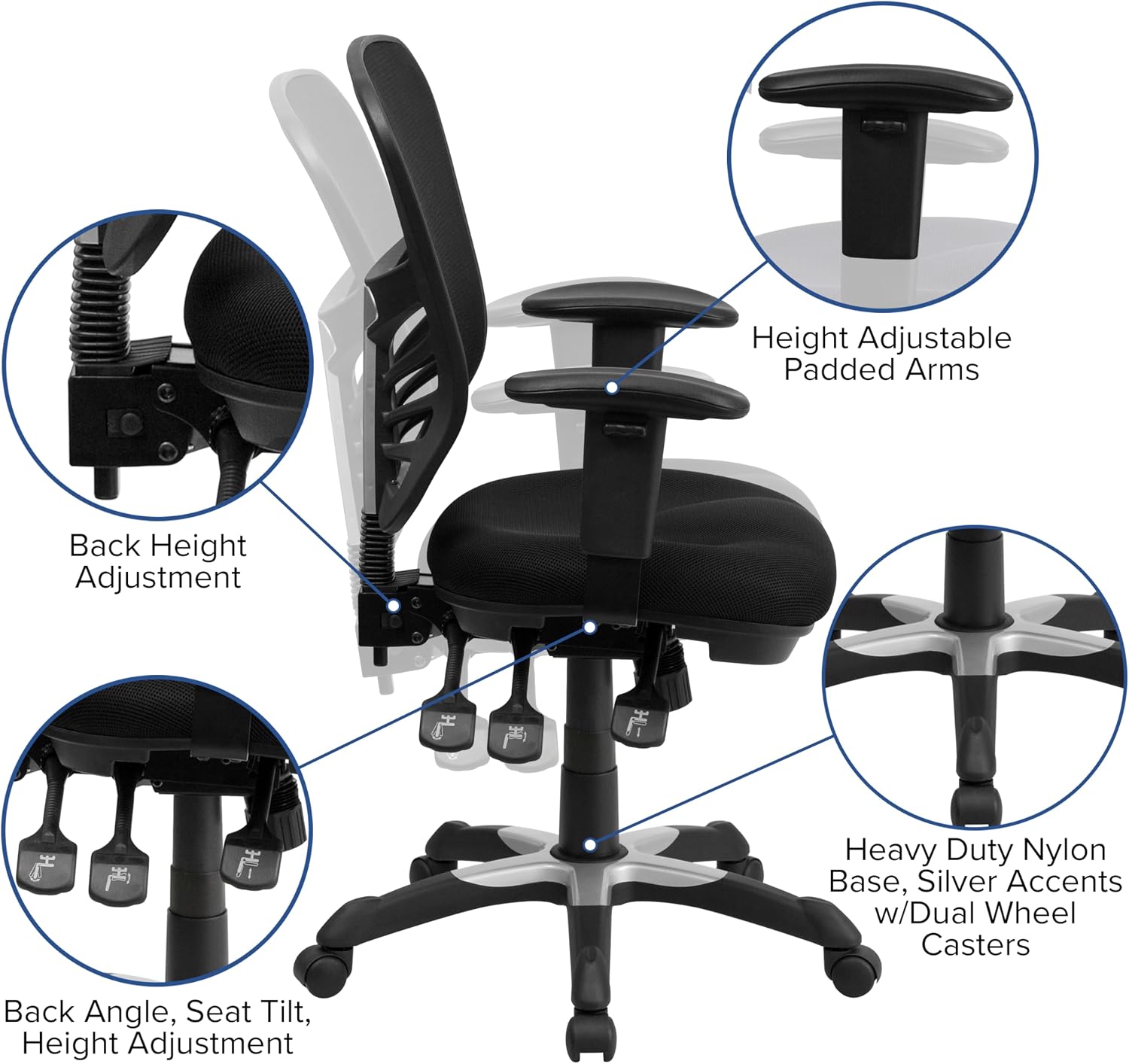 Flash Furniture Nicholas Mid-Back Swivel Desk Chair with Wheels, Mesh Back, Padded Seat, and Armrests, Adjustable Height Mesh Ergonomic Office Chair, Black