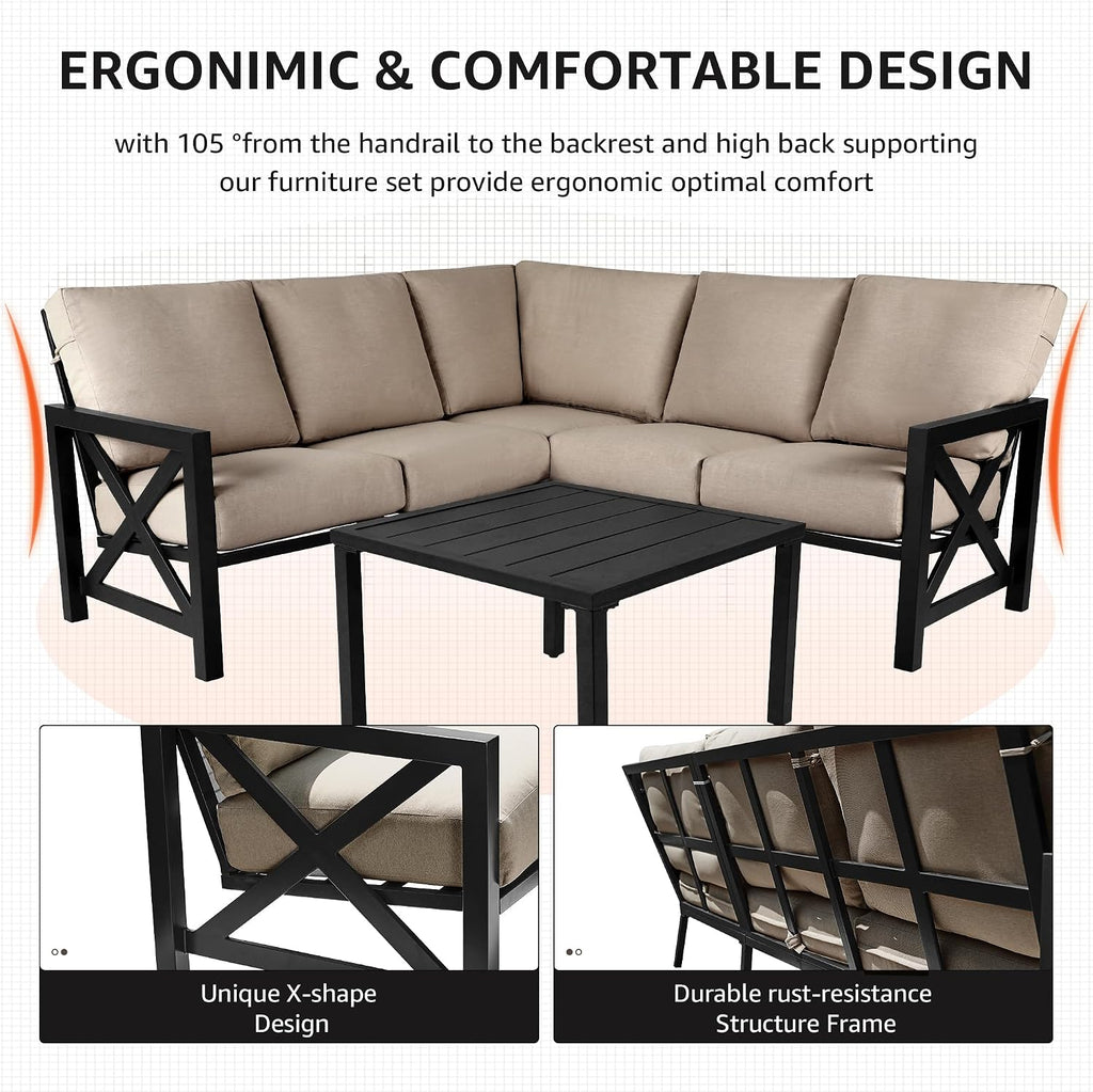 NATURAL EXPRESSIONS 6 Pieces Patio Furniture Sets,Outdoor Furniture Sets Metal Patio L Shape Sectional Couch Sofa Conversation Sets with 6.5' Shale Cushions,HighBack Hand-Brush Black Frame