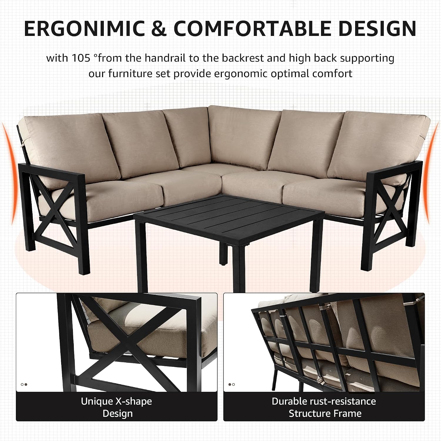NATURAL EXPRESSIONS 6 Pieces Patio Furniture Sets,Outdoor Furniture Sets Metal Patio L Shape Sectional Couch Sofa Conversation Sets with 6.5' Shale Cushions,HighBack Hand-Brush Black Frame