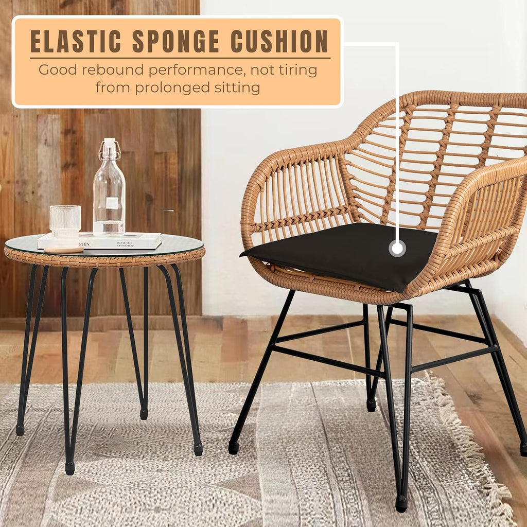 3 Piece Outdoor Wicker Furniture Bistro Set, Rattan Chairs Conversation Sets Wicker Patio Furniture for Balcony Poolside Backyard, Black
