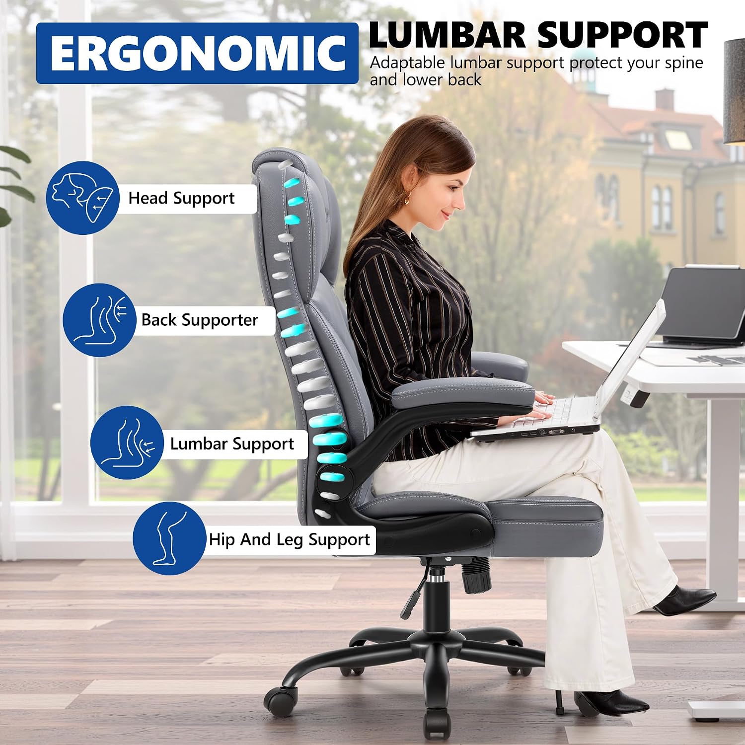 PU Leather Executive Office Chair, Ergonomic High-Back Computer & Gaming Chair with Adjustable Height, Rolling Swivel & Flip-Up Armrests, Comfy Padded Seat for Home Office-Gray