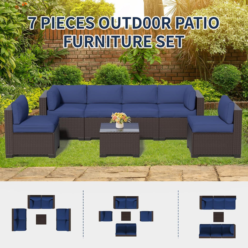 Patio Furniture Set (Dark Brown Rattan & Dark Blue Cushions, 7 Pieces)