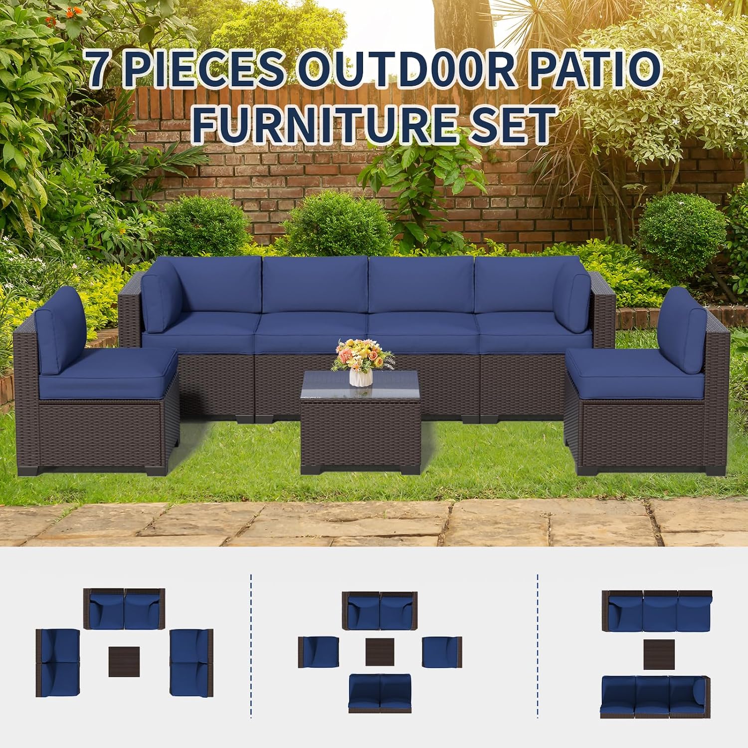 Patio Furniture Set (Dark Brown Rattan & Dark Blue Cushions, 7 Pieces)