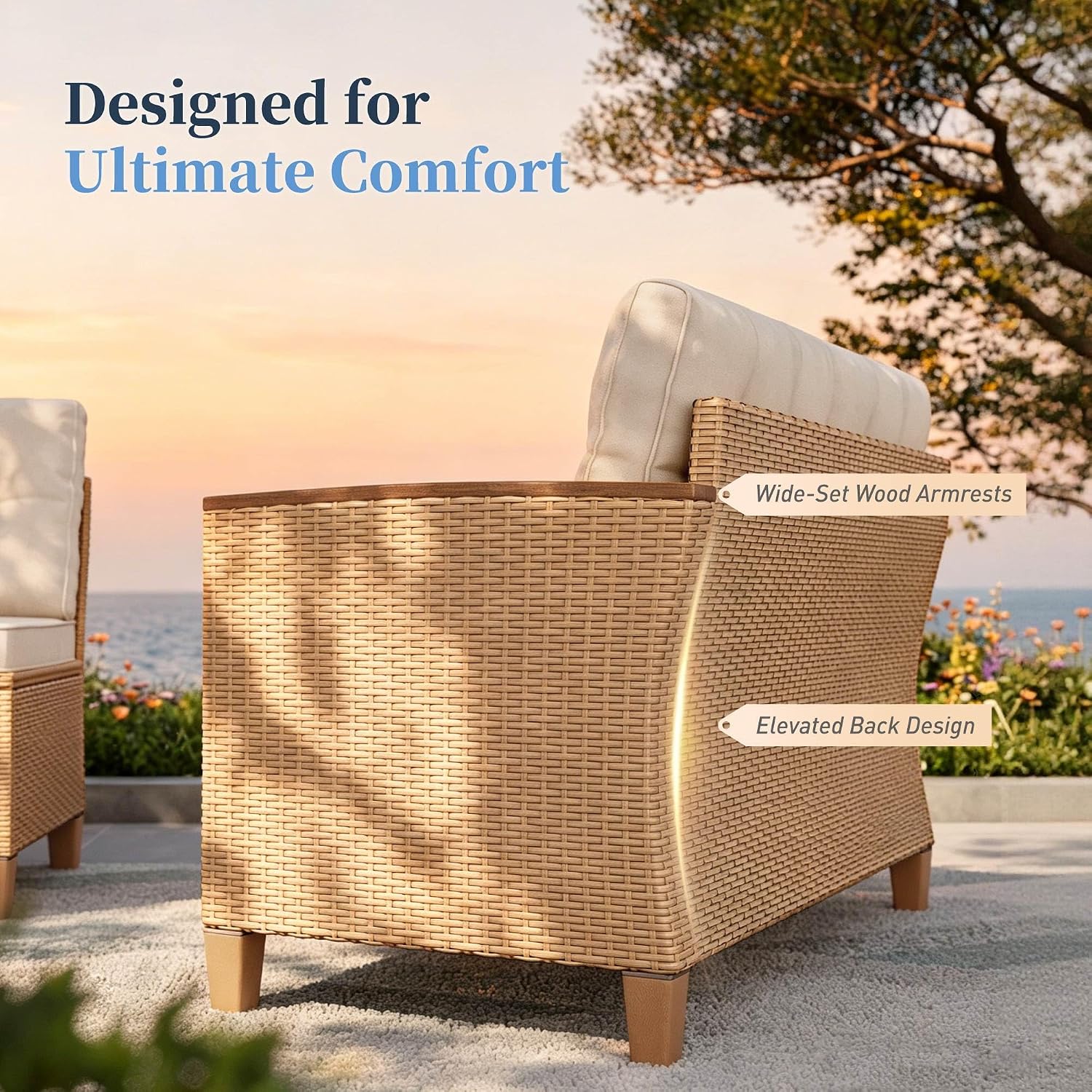 SUNSHINE VALLEY Patio Furniture Set, 6 Piece Wicker Outdoor Patio Conversation Set, Outside L-Shaped Sectional Sofa Couch with Chaise Lounge and 2 Ottomans, 1 Height Adjustable Table for Lawn