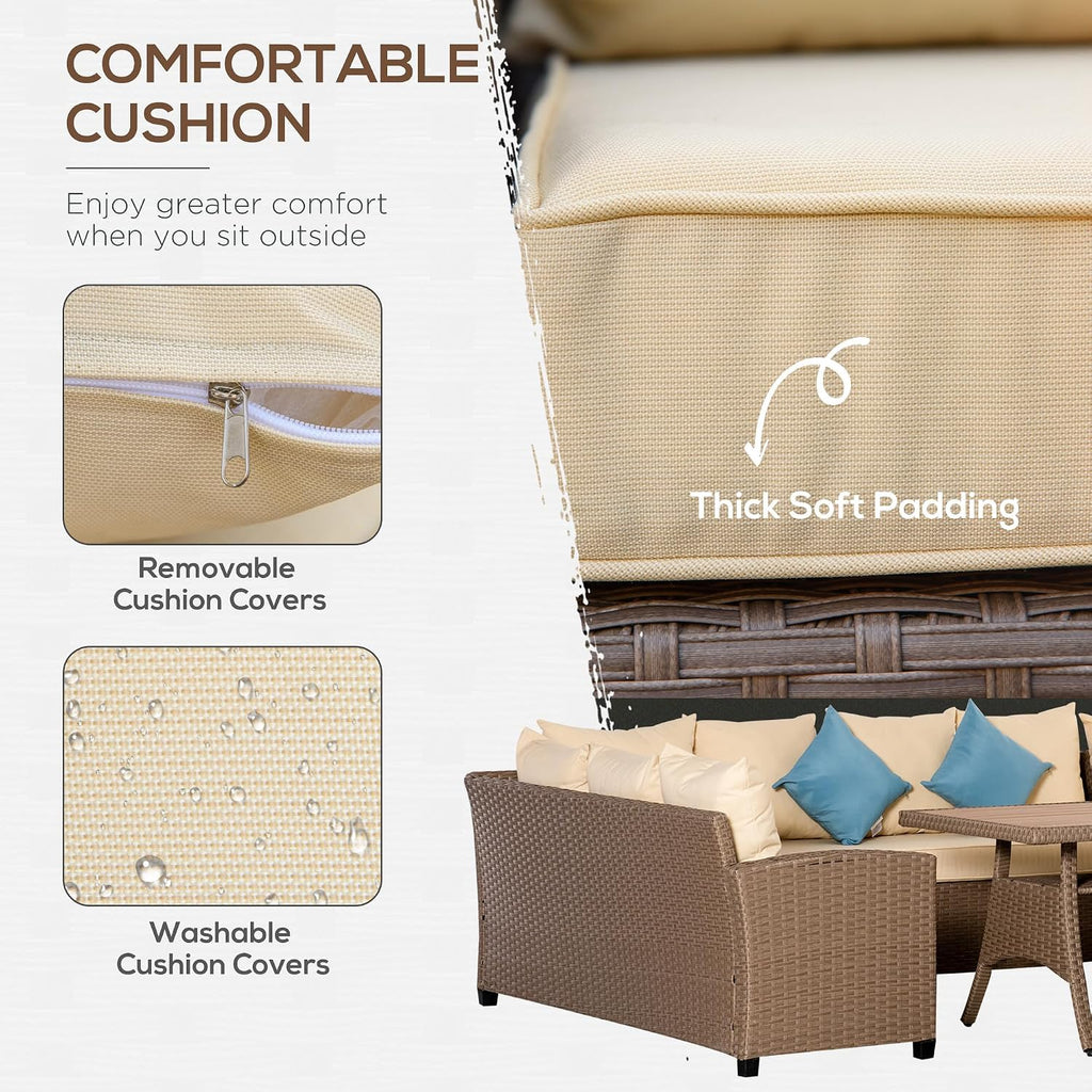 Outsunny 6 Piece Patio Furniture Set, PE Wicker Outdoor Furniture Conversation Set with 3 Sofas, 2 Ottomans and Slatted WPC Top Dining Table, All Weather Sectional Sofa Couch with Pillows, Khaki