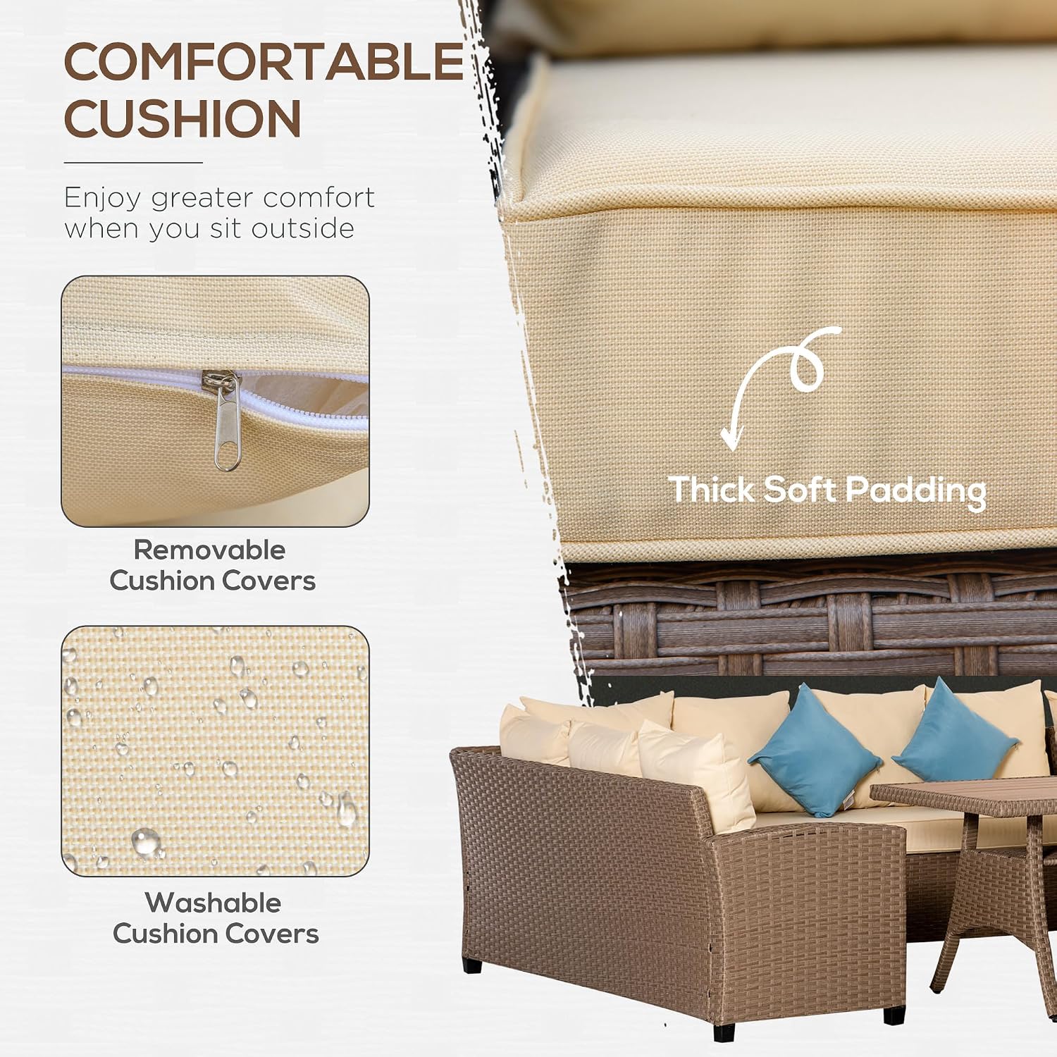 Outsunny 6 Piece Patio Furniture Set, PE Wicker Outdoor Furniture Conversation Set with 3 Sofas, 2 Ottomans and Slatted WPC Top Dining Table, All Weather Sectional Sofa Couch with Pillows, Khaki