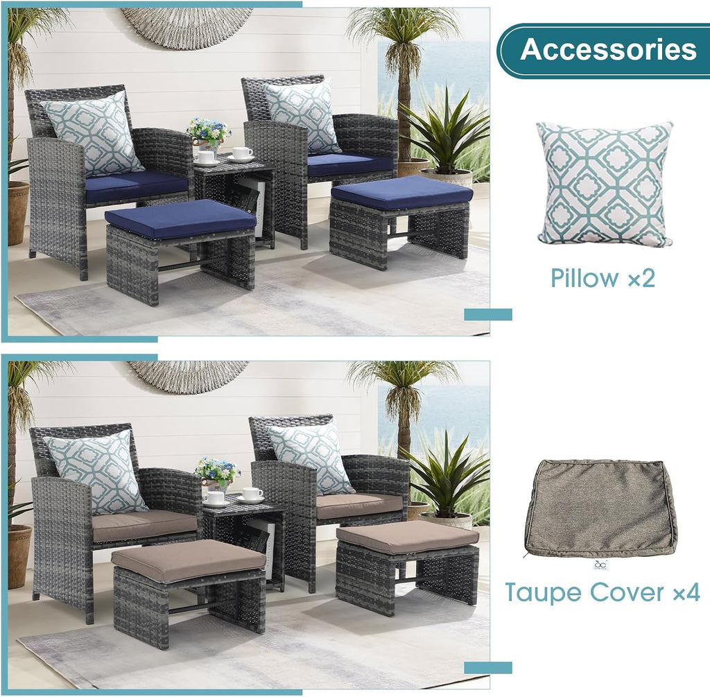 OC Orange-Casual 5 Piece Patio Furniture Set, Wicker Outdoor Conversation Chair and Ottoman Set with Coffee Table, Pillows Included, for Balcony, Porch, Deck, Navy Blue