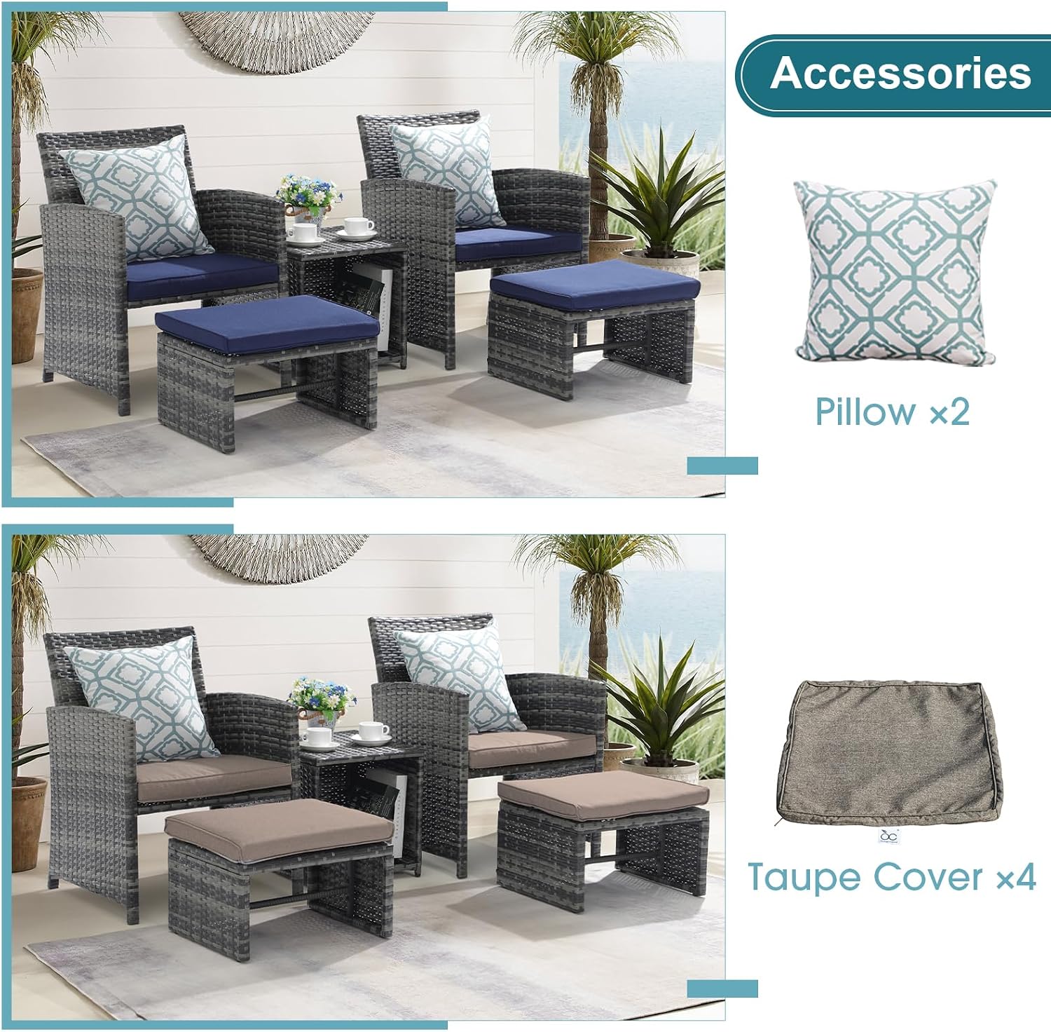 OC Orange-Casual 5 Piece Patio Furniture Set, Wicker Outdoor Conversation Chair and Ottoman Set with Coffee Table, Pillows Included, for Balcony, Porch, Deck, Navy Blue