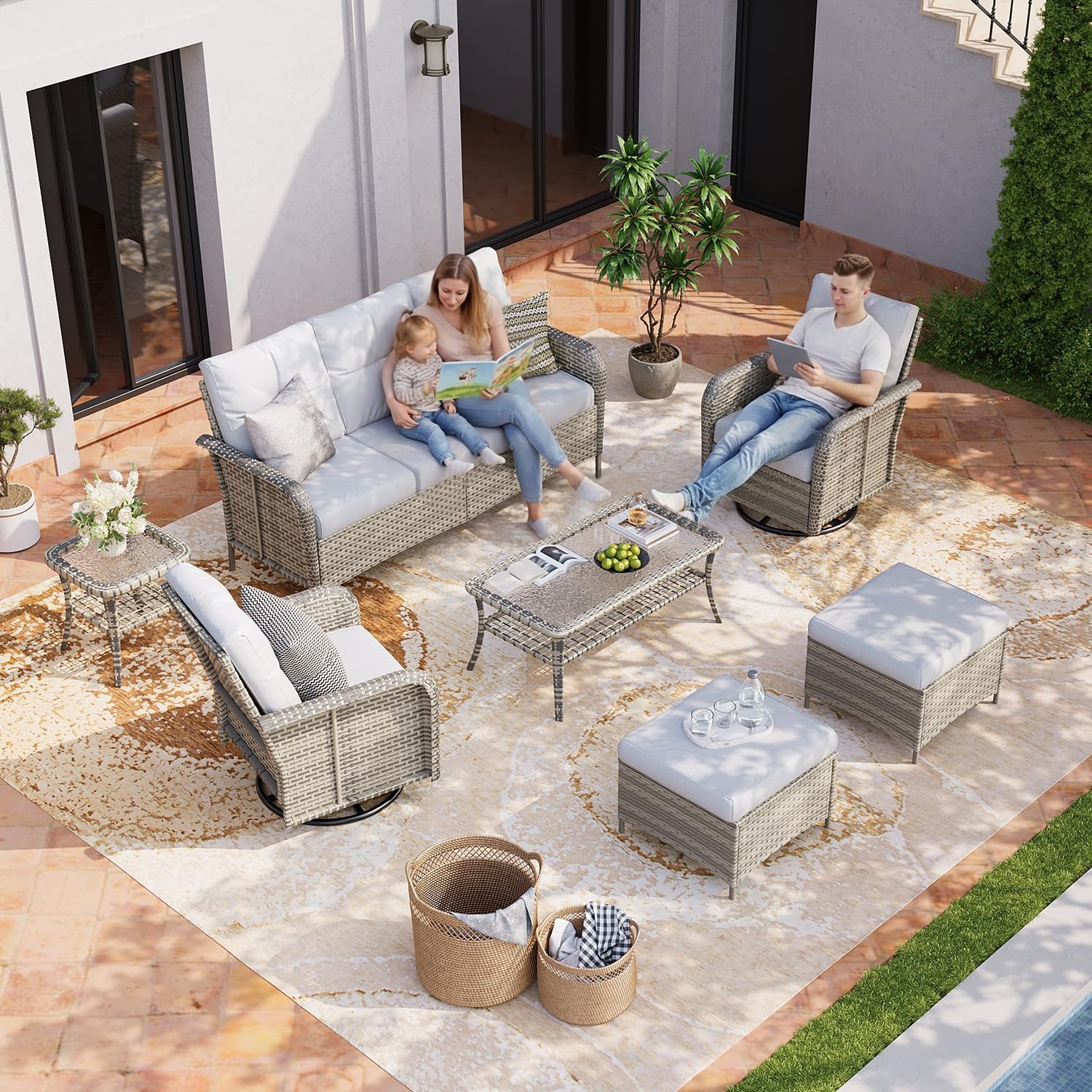 Aoxun Luxury 9-Piece Patio Furniture Set, 360° Swivel Chairs, Wicker Rattan Sofa with Thick Cushion, Outdoor Conversation Set for Backyard, Poolside & Garden, Beige/Gray