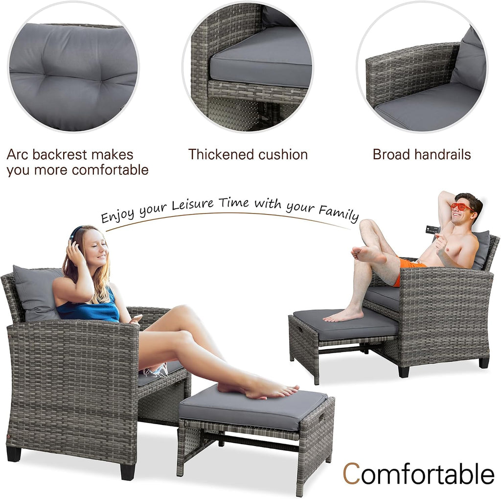 Vongrasig 5 Piece Patio Furniture Set, Small Balcony Furniture, PE Wicker Rattan Patio Chairs Set of 2, Outdoor Lounge Chairs with Cushions Ottomans &Glass Table for Porch Garden(Light Grey)