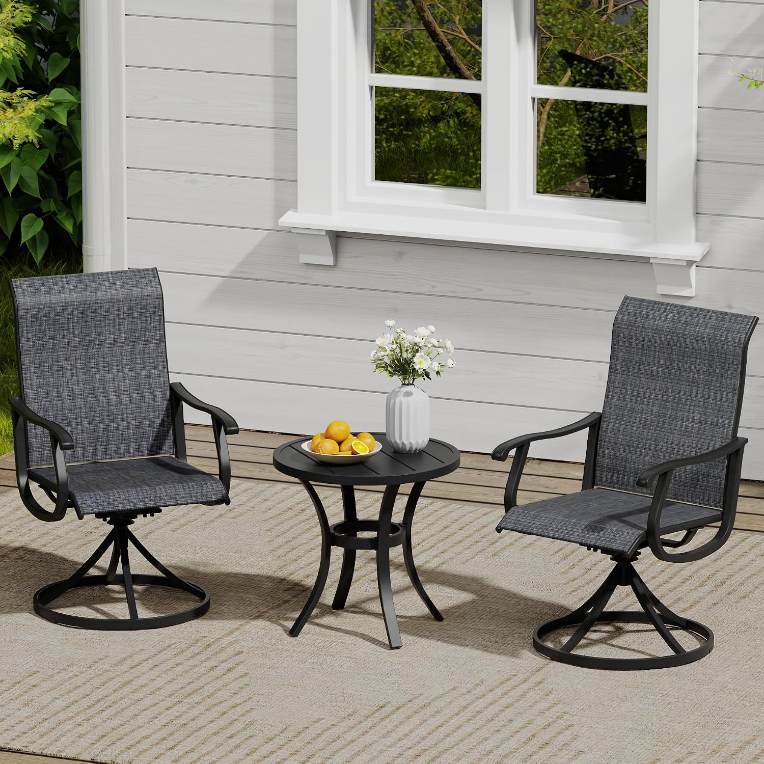 VICLLAX 3 Pieces Small Outdoor Furniture, 2 Patio Swivel Chairs and Small Round Outdoor Table for 2, Dark Charcoal Chairs & Black