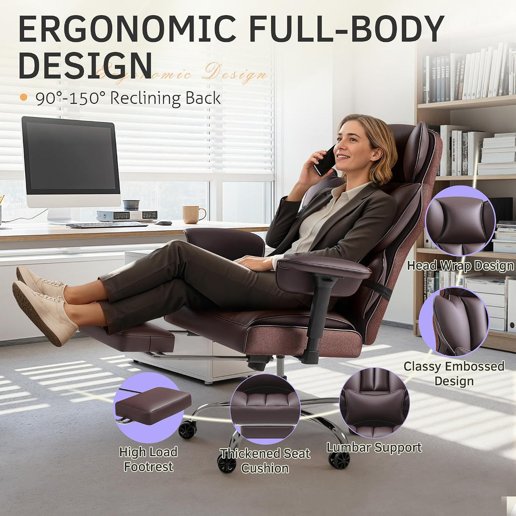 Furmax Big and Tall Office Chair, High Back Gaming Chair with Footrest for Heavy People, 400LBS Ergonomic Comfy Office Chair with Adjustable Armrests for Home Office (Brown)