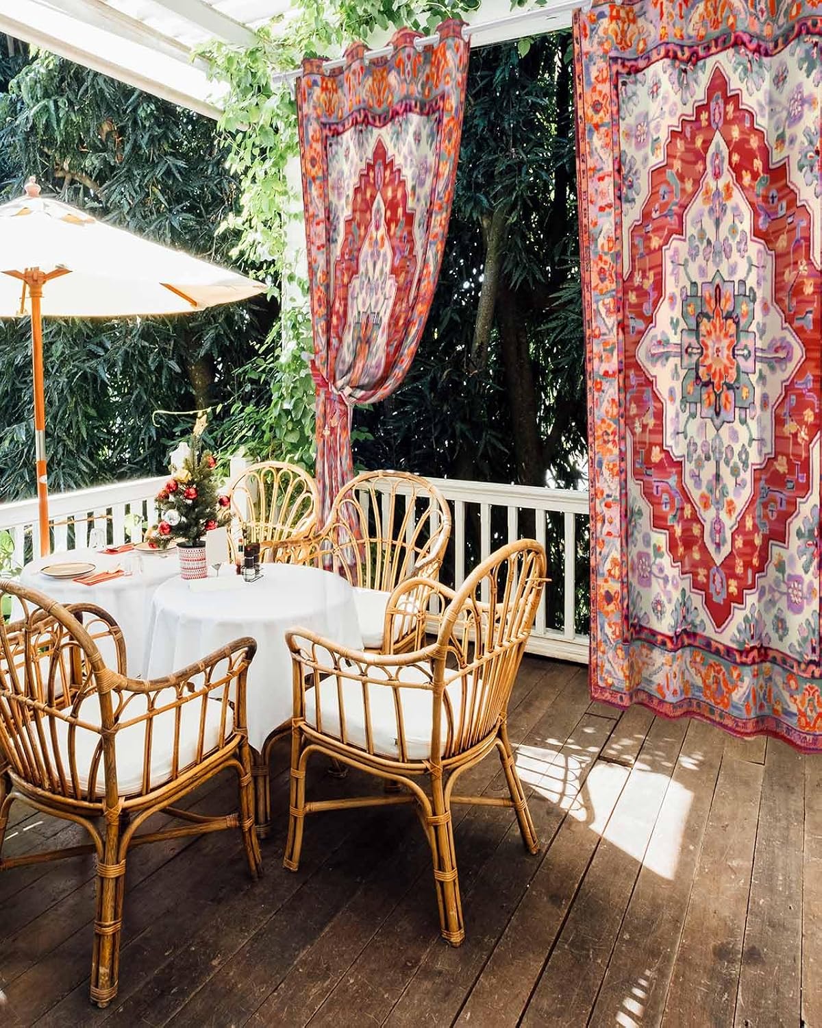 Orange Red Boho Outdoor Curtains for Patio Waterproof,Vintage Flower Tribal Distressed Printed Windproof Sun Blocking Outside Privacy Drape for Pavilion/Porch/Pergola/Garden/Cabana,2Panel,54'Wx108'L