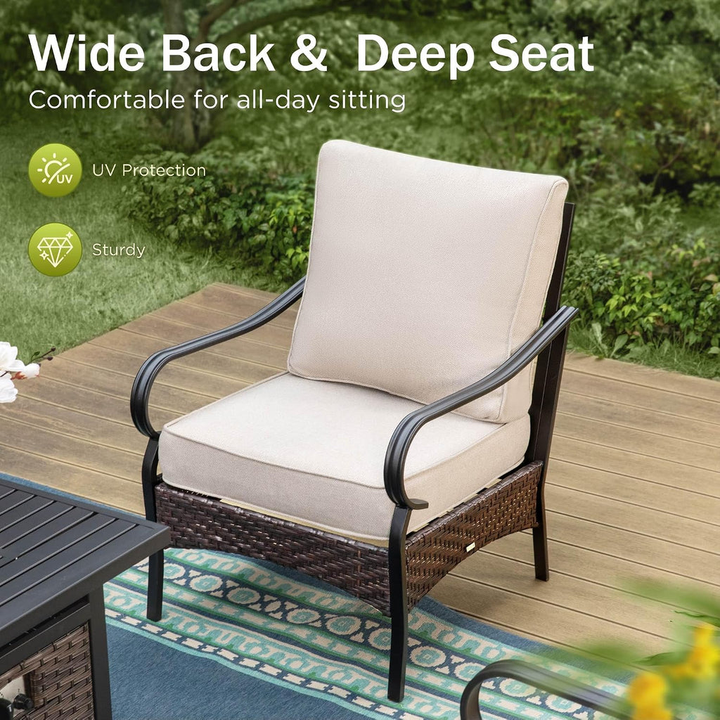 Patio Furniture Set with 56' Fire Pit Table, Premium Outdoor Wicker Metal Frame Furniture with Upgraded Waterproof Thick Cushions for Porch, Poolside, Deck, and Yard （4 Pieces,Beige）