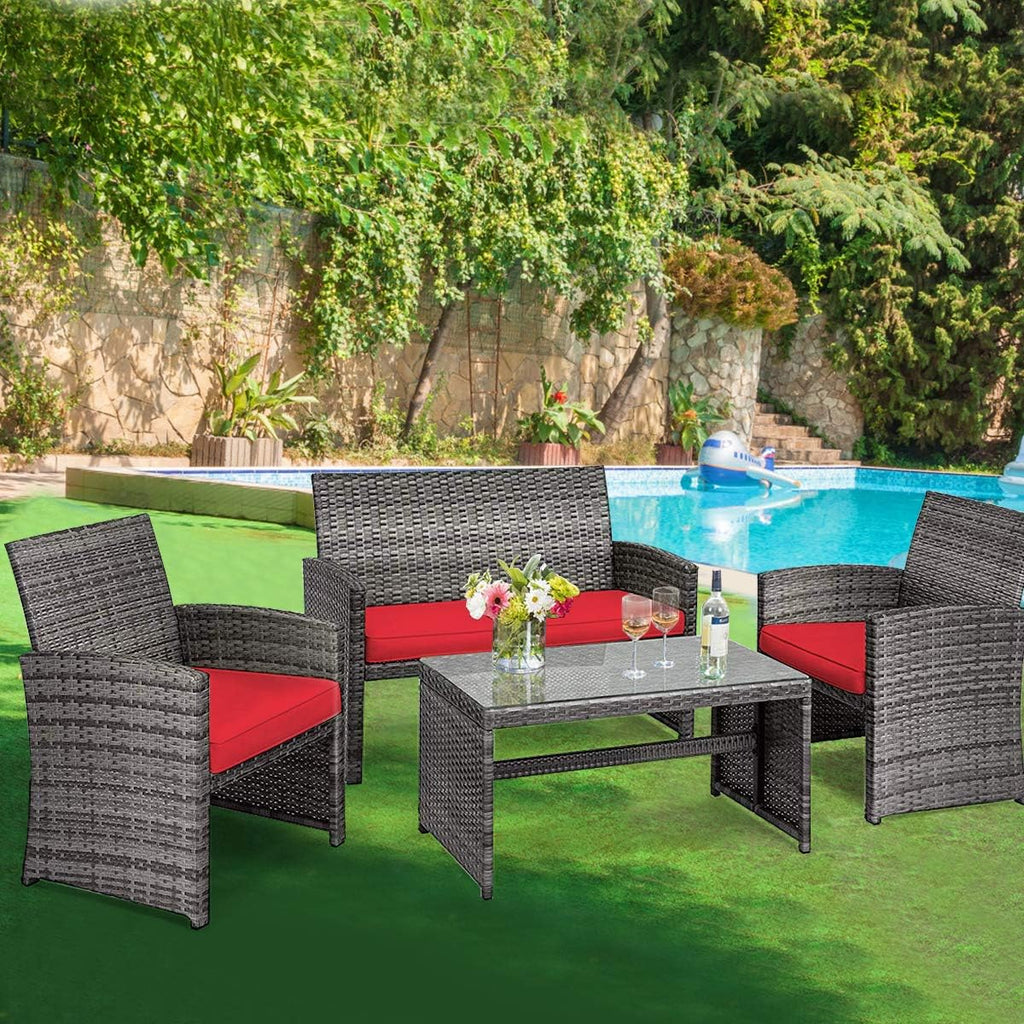 Giantex 4 Pc Patio Conversation Set, Rattan Loveseat & Patio Chairs with Cushioned Seat, Wicker Coffee Table, Outdoor Furniture Set for Front Porch Poolside Garden Lawn