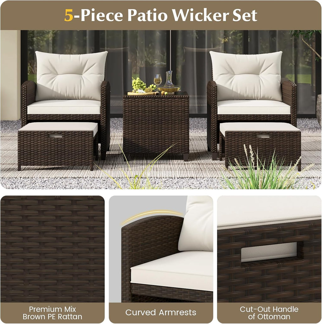 KOTEK 5 Pieces Patio Furniture Set with Ottomans, Wicker Patio Conversation Set with Coffee Table & Cushions, PE Rattan Outdoor Lounge Chairs for Backyard, Porch, Poolside (Mix Brown- Off White)