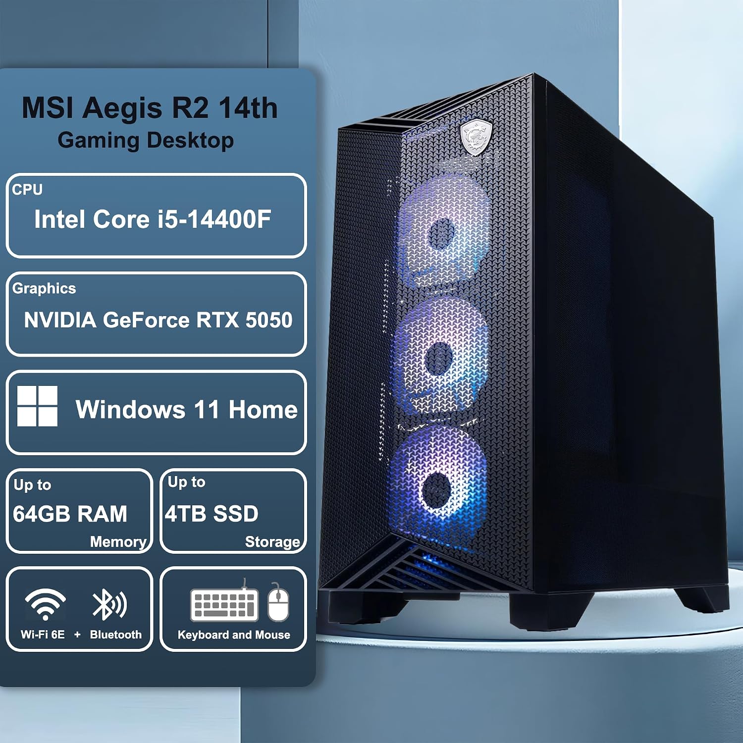 msi Aegis R2 14th Gaming Desktop Intel 10-core i5-14400F 32GB RAM 2TB SSD GeForce RTX 5050 (Up to 421 Tops) ARGB Fan Air Cooling WiFi6E 80+ Gold PSU DisplayPort Win11 ICP Hub