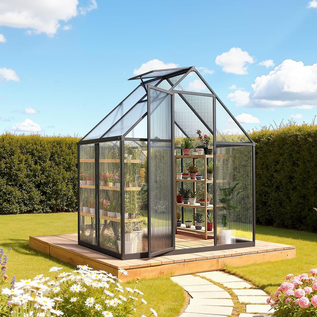 VEVOR 6 x 4 FT Polycarbonate Greenhouse, Heavy Duty Outdoor Green House with Adjustable Vent & Push-Pull Lockable Door, Quick Setup, Aluminum Frame Walk-in Greenhouse Sunroom for Outside Garden Lawn