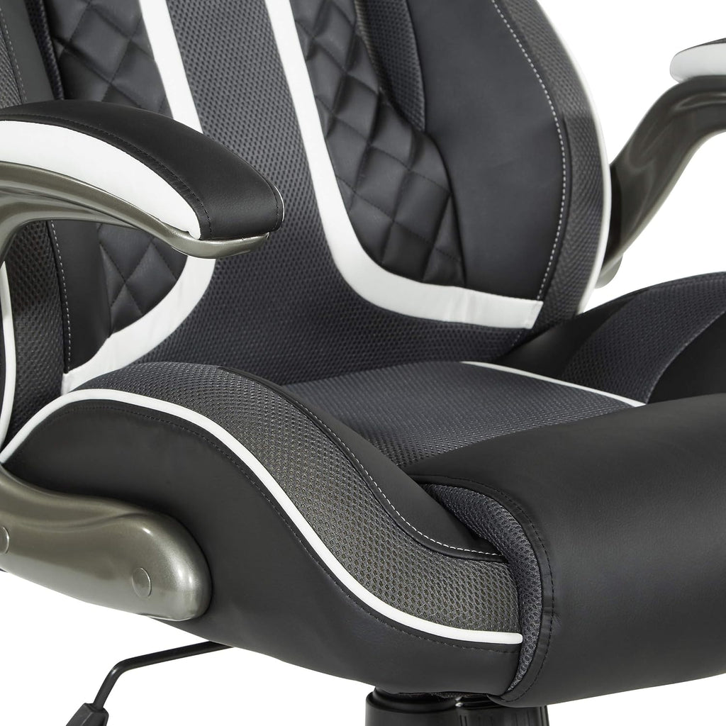 OSP Home Furnishings Xplorer 51 Ergonomic Adjustable High Back Gaming Chair with Lumbar Support and Padded Flip Arms, Black Faux Leather with White Trim