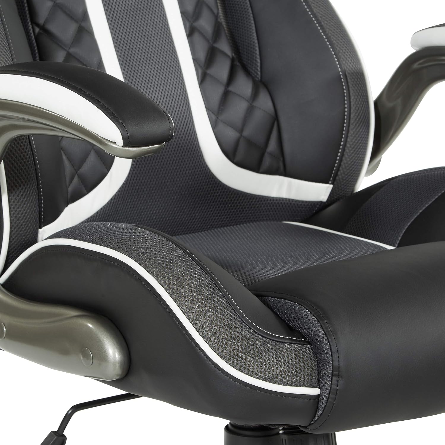 OSP Home Furnishings Xplorer 51 Ergonomic Adjustable High Back Gaming Chair with Lumbar Support and Padded Flip Arms, Black Faux Leather with White Trim