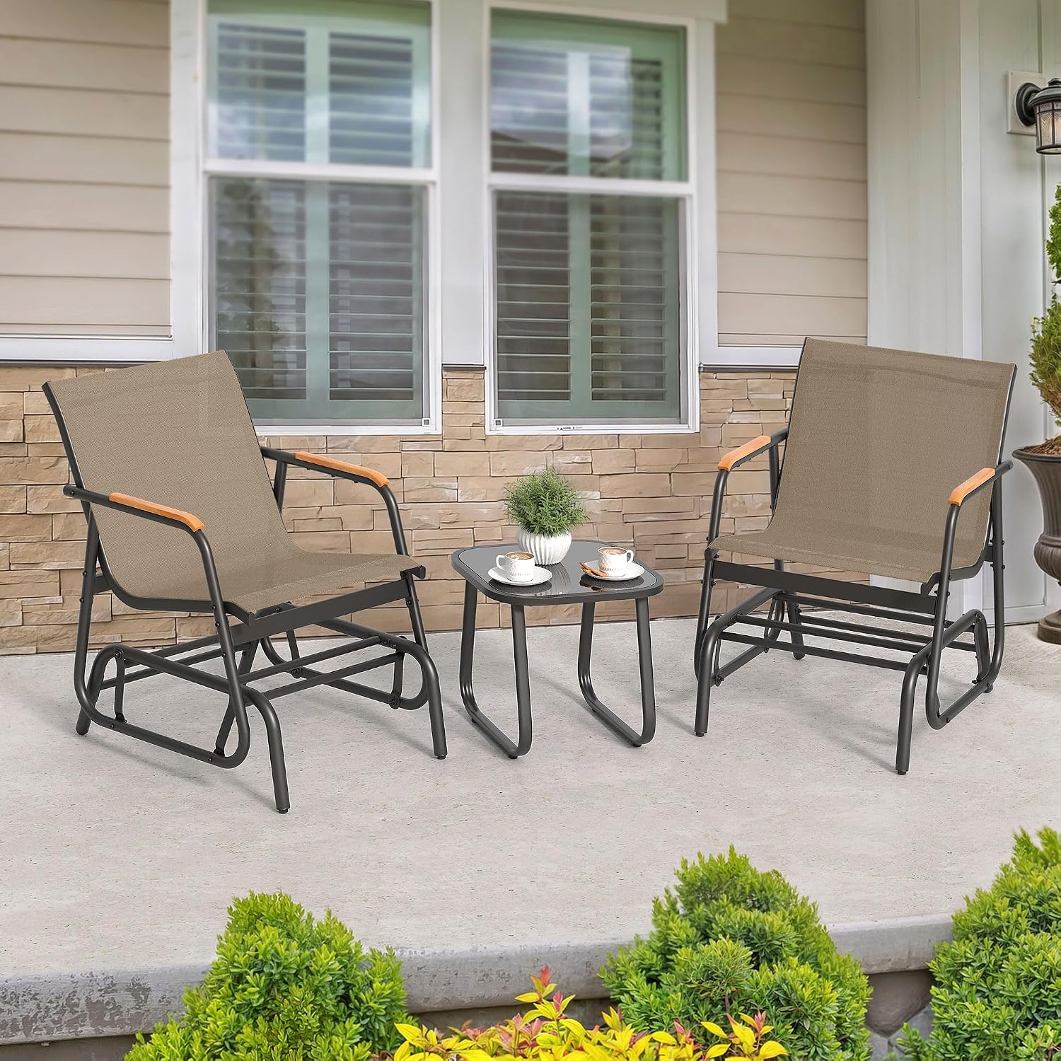 YITAHOME 3 Piece Patio Furniture Set, Outdoor Glider Chair Bistro Set, Coffee Table with Tempered Glass Tabletop, Patio Textilene Chairs Set of 2 for Backyard, Lawn, Garden, Balcony and Porch, Brown