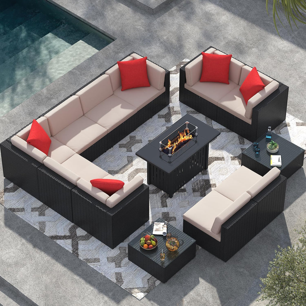 Greesum Patio Furniture Sets 13-Pieces Outdoor PE Rattan Sectional Sofa w/43in Gas Fire Pit Table 55000 BTU Add Warmth to Gatherings Parties On Deck Garden Backyard,Light Beige