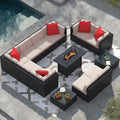 Greesum Patio Furniture Sets 13-Pieces Outdoor PE Rattan Sectional Sofa w/43in Gas Fire Pit Table 55000 BTU Add Warmth to Gatherings Parties On Deck Garden Backyard,Light Beige