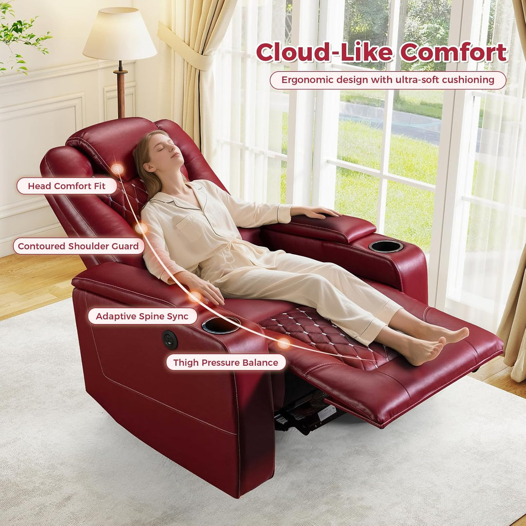 ANJ Power Recliner Chair Set of 3, Electric Soft Faux Leather Reclining Home Theater Seating - USB Ports, Cup Holders, Hidden Arm Storage Movie & Media Room Chairs (Red)