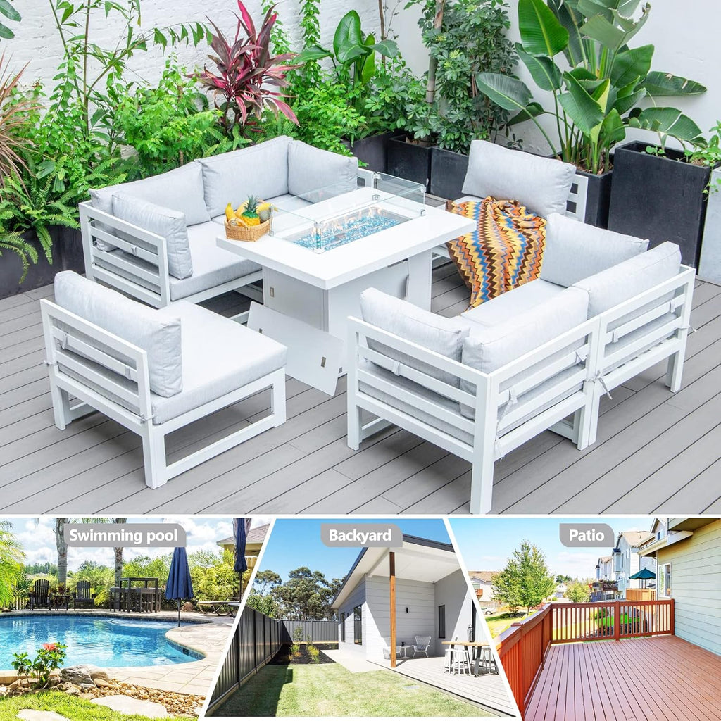 RADIATA 7 Piece Luxury Aluminum Outdoor Sectional Sofa with Fire Pit Table, Oversized L Shaped Patio Furniture Set, 29 inch Deep Wide Seating, 500 lbs Heavy Duty Comfy Conversation Set for Yard, White