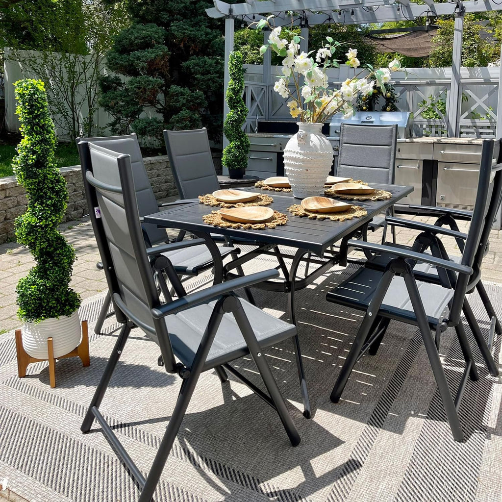 PURPLE LEAF Outdoor Dining Set for 6 Folding Patio Dining Set with Aluminum Rectangular Table and Padded Chairs All Weather Dining Table Sets for Garden Backyard Poolside, Grey