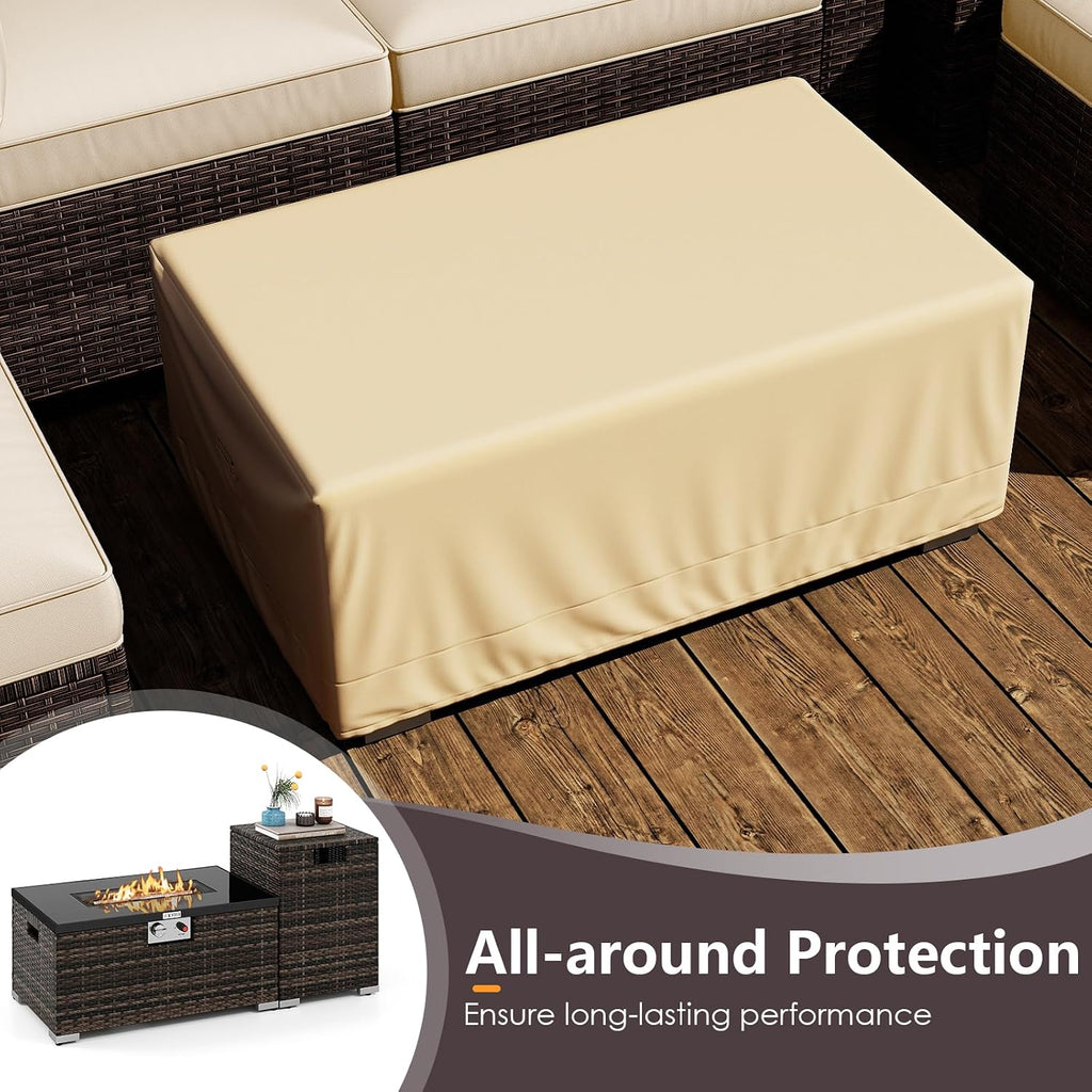 Tangkula 7 Pieces Wicker Patio Furniture Set with 40,000 BTU Gas Fire Pit Table & Propane Tank Cover Table & Glass Top Coffee Table, for Garden, Backyard and Poolside (Off White)