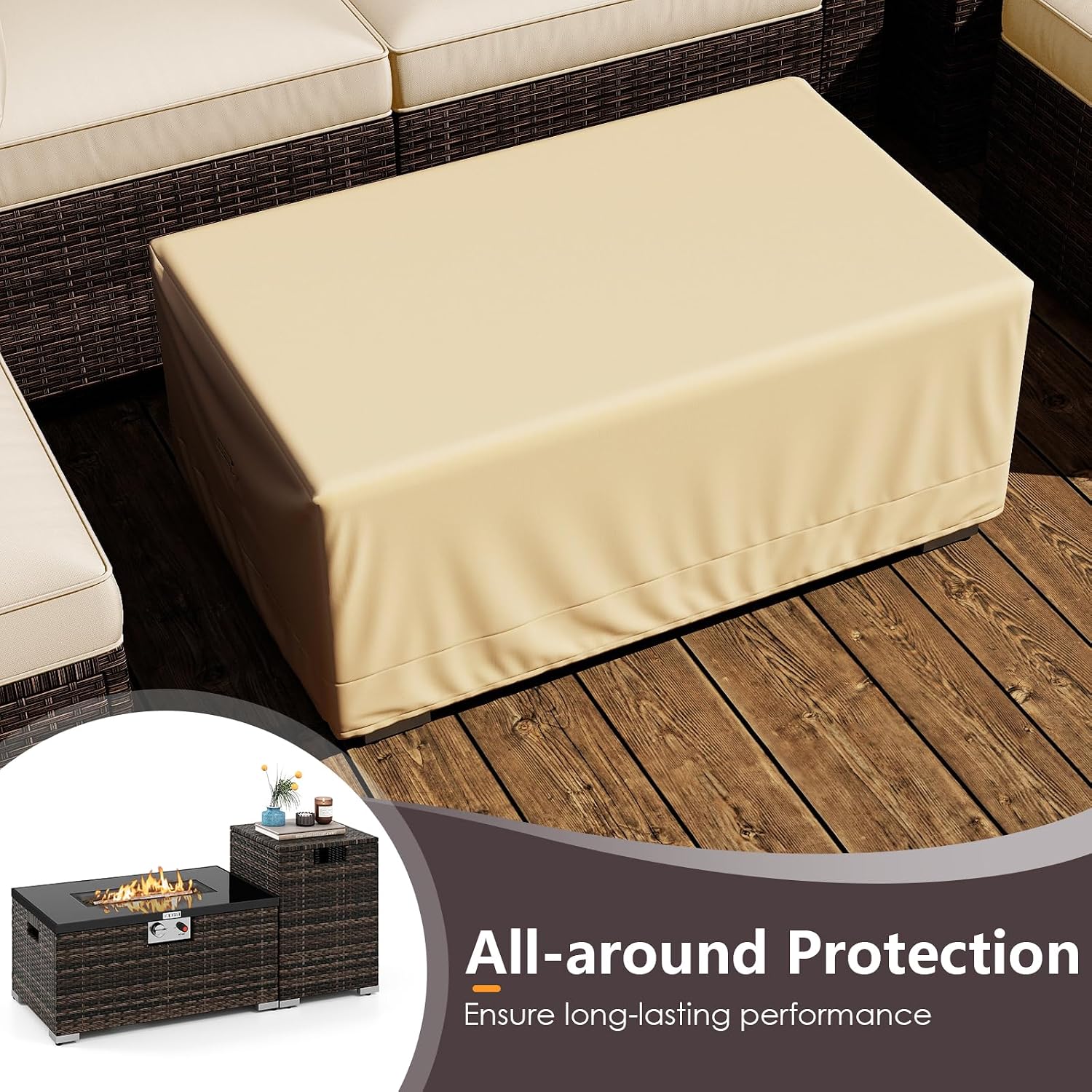 Tangkula 7 Pieces Wicker Patio Furniture Set with 40,000 BTU Gas Fire Pit Table & Propane Tank Cover Table & Glass Top Coffee Table, for Garden, Backyard and Poolside (Off White)