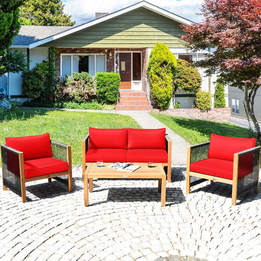 Tangkula Outdoor Wood Furniture Set, Acacia Wood Frame Loveseat Sofa, 2 Single Chairs and Coffee Table, 4 Pieces Conversation Set with Cushions, Garden Balcony Poolside Outdoor Living Set (1, Red)