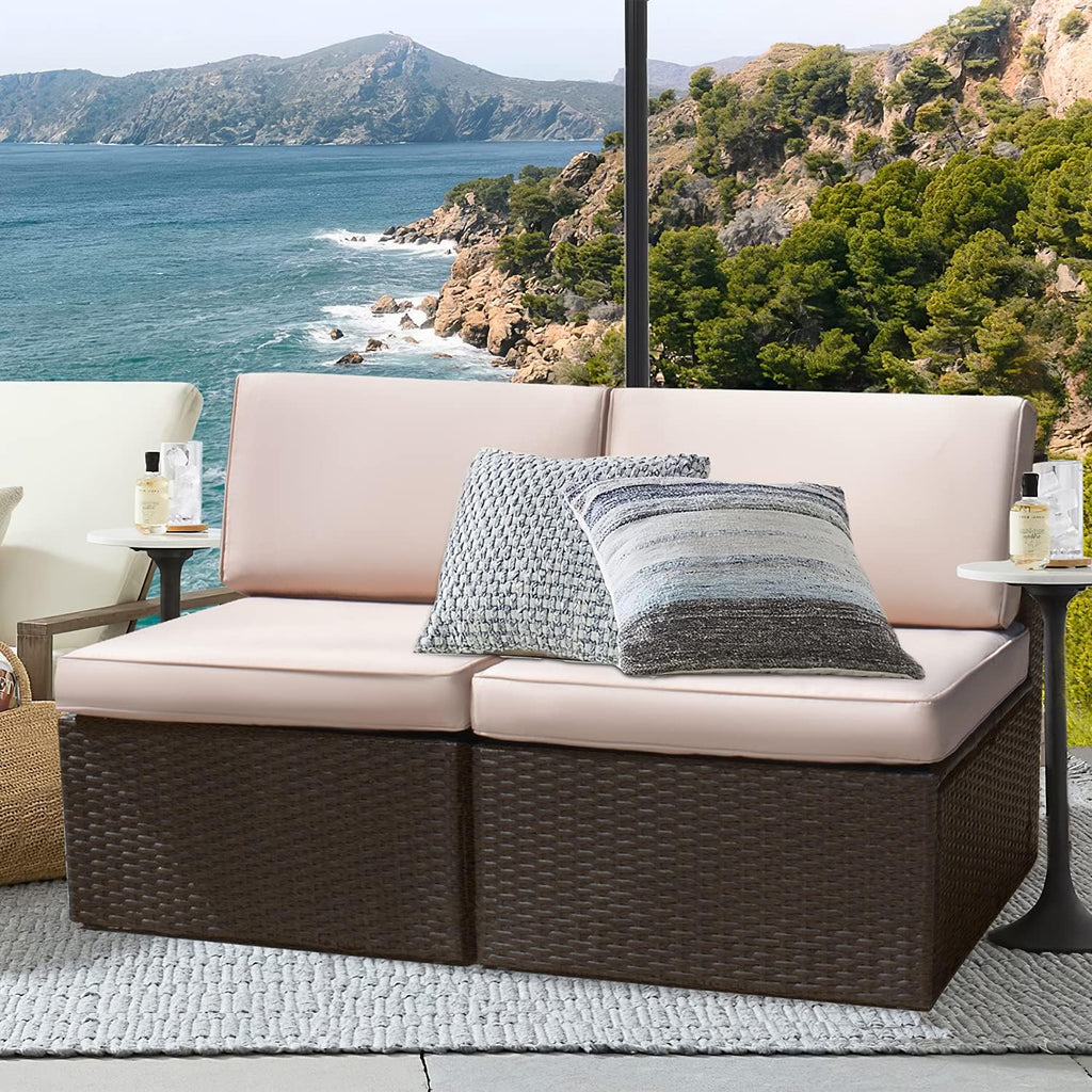 Devoko 2 Pieces Patio Furniture Sets,Wicker Outdoor Sofa with Thick Cushion and Pillow,Small Sectional Couch All-Weather Armless Sofa for Backyard,Porch & Poolside,Waterproof Patio Furniture