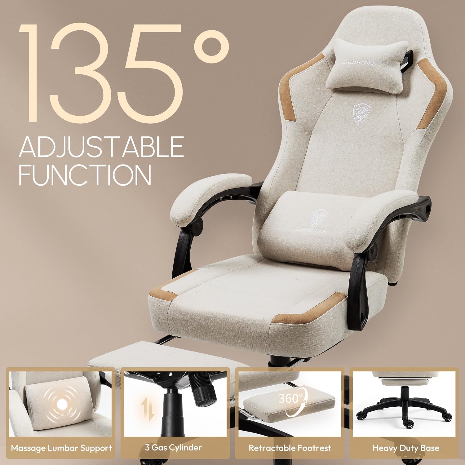 Dowinx Fabric Gaming Chair with Pocket Spring Cushion,Breathable Computer Chairs with Massage Lumbar Support and Footrest,High Back Game Office Chair for Adult,Beige
