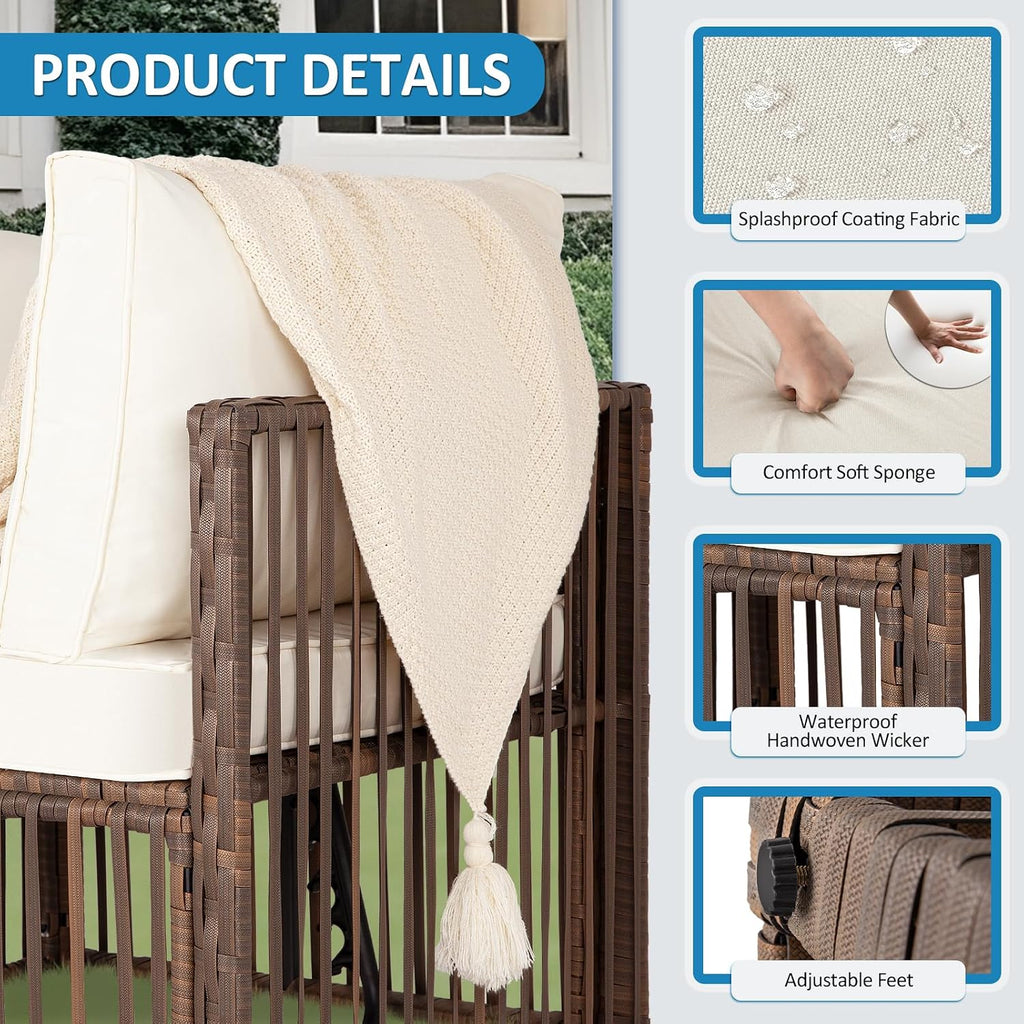 FHFO 7 Pieces Outdoor Patio Furniture Set, Wicker Outdoor Sectional Conversation Couch Set with Adjustable Backrest Sofa, Thick Cushion & Coffee Table for Garden, Porch, Poolside, Brown/Beige