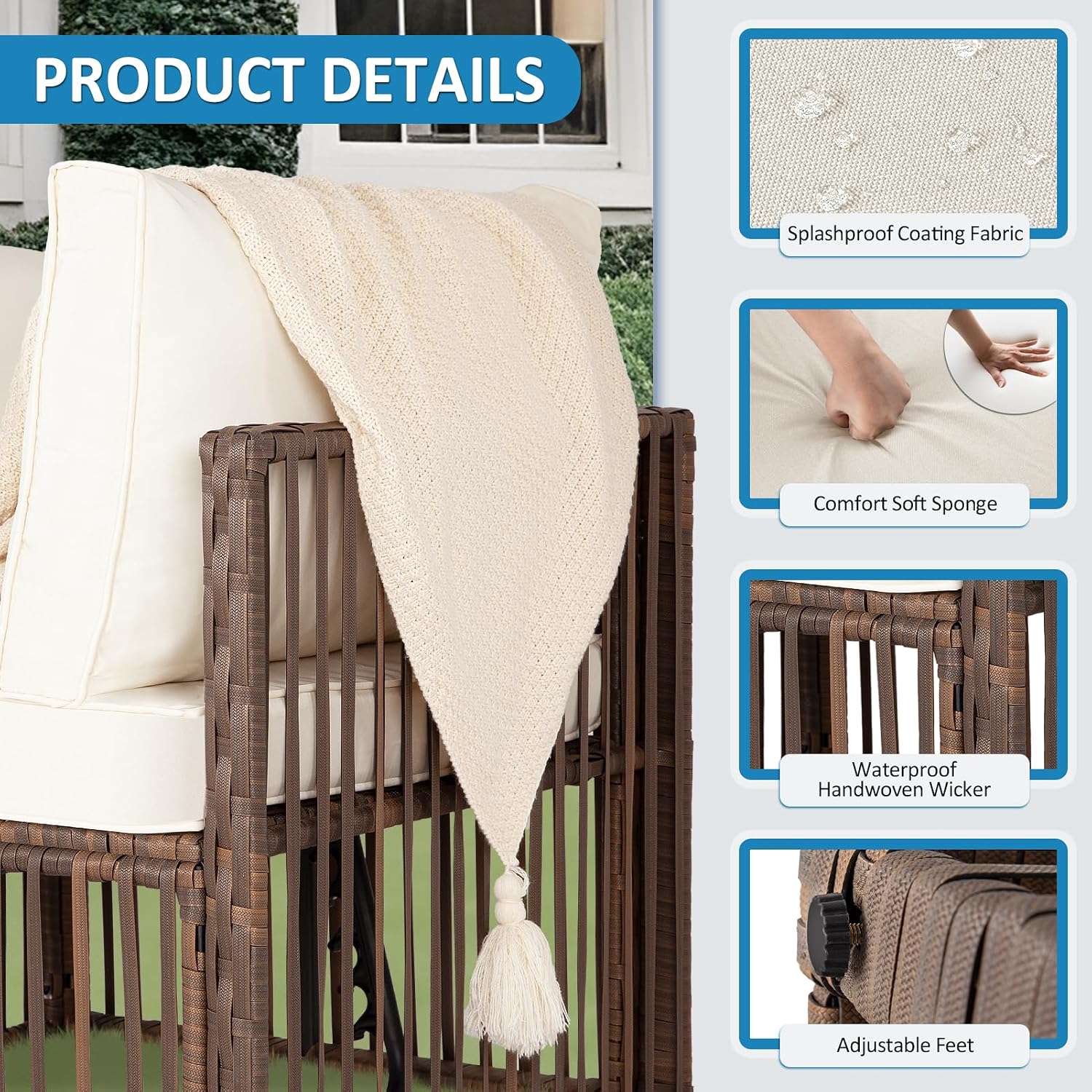 FHFO 7 Pieces Outdoor Patio Furniture Set, Wicker Outdoor Sectional Conversation Couch Set with Adjustable Backrest Sofa, Thick Cushion & Coffee Table for Garden, Porch, Poolside, Brown/Beige