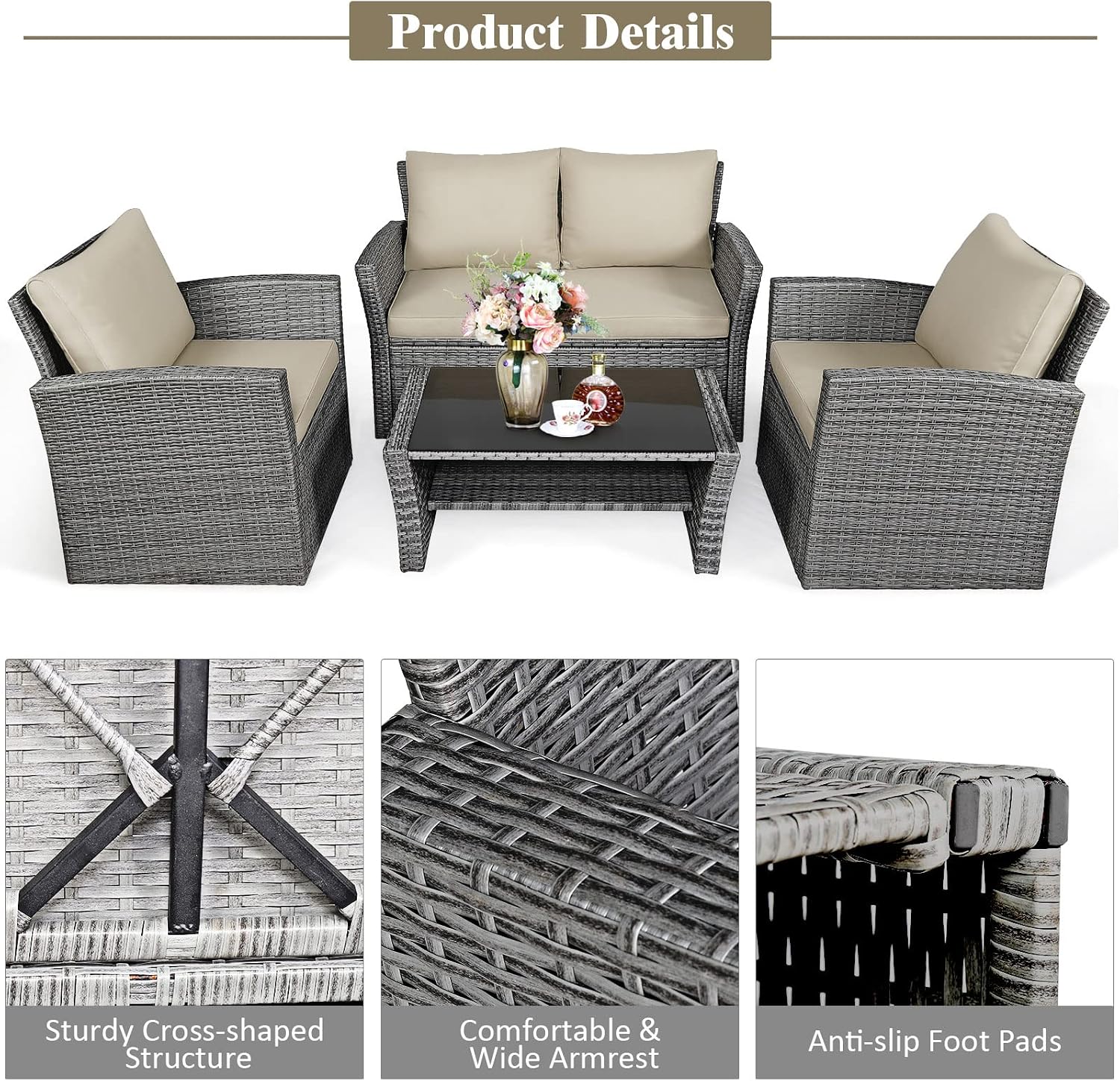 COSTWAY 4 Pieces Patio Rattan Furniture Set, Outdoor Wicker Sofa Set with Tempered Glass Coffee Table, Cushions, All Weather Rattan Conversation Set for Yard Balcony Backyard Pool (Khaki)