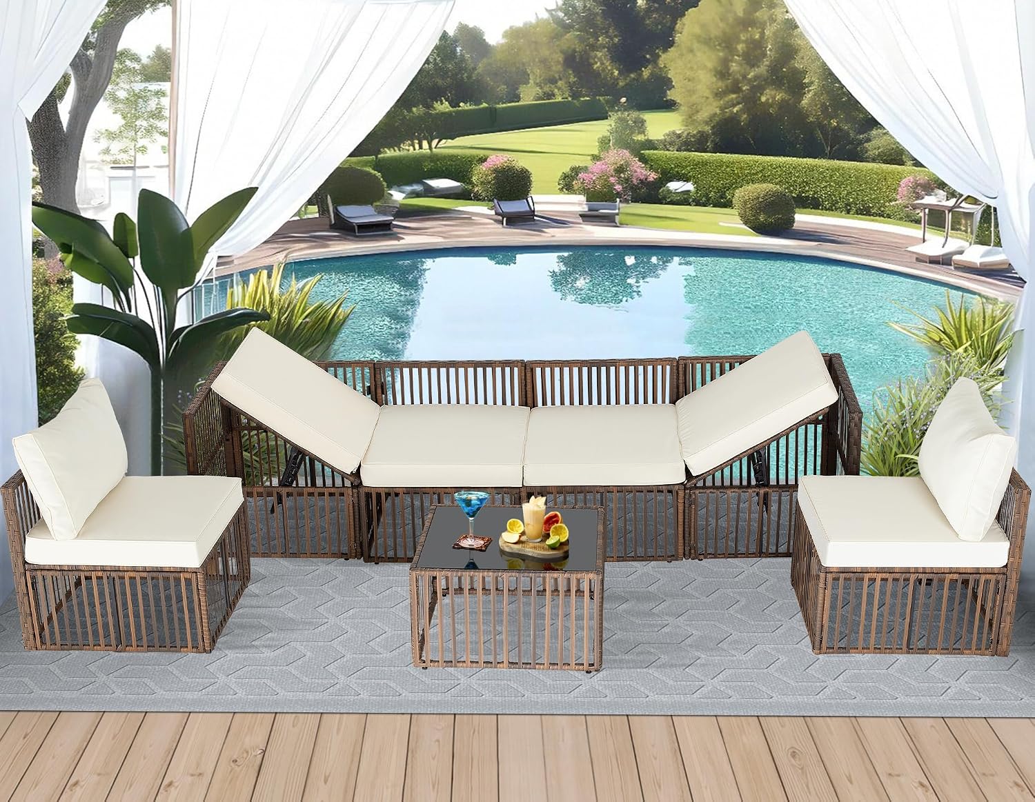 FHFO 7 Pieces Outdoor Patio Furniture Set, Wicker Outdoor Sectional Conversation Couch Set with Adjustable Backrest Sofa, Thick Cushion & Coffee Table for Garden, Porch, Poolside, Brown/Beige